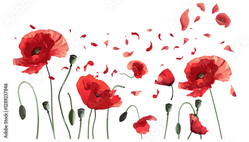 Red Poppies Vector with Flying Petals, Floral Art, Spring Flowers, Botanical Illustration, Blooming Poppies, Abstract Nature, Windblown Petals, Elegant Floral Design