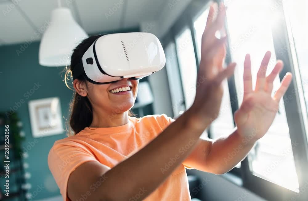 Young Woman Exploring Virtual Reality with VR Headset at Home