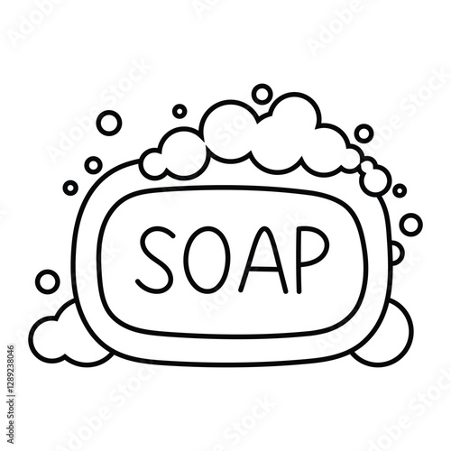 Soap bar vector illustration with bubbles. Hand-drawn doodle style icon. Black outline isolated on white background.