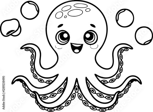 Cute Cartoon Octopus: A playful black and white illustration featuring a smiling octopus surrounded by bubbles, ideal for children's artwork.