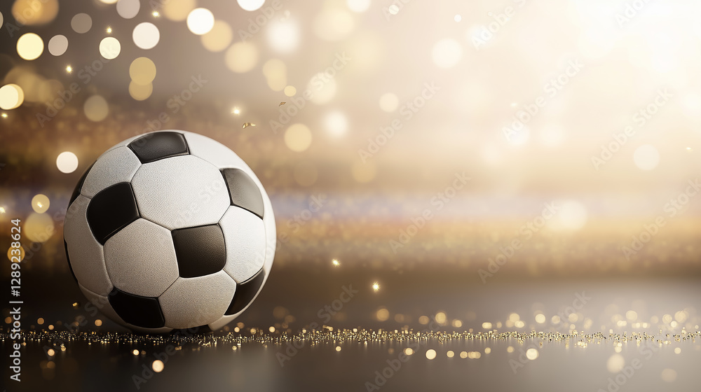 Fototapeta premium Soccer ball resting on a sparkling surface with a soft glow of lights in the background, creating a festive atmosphere