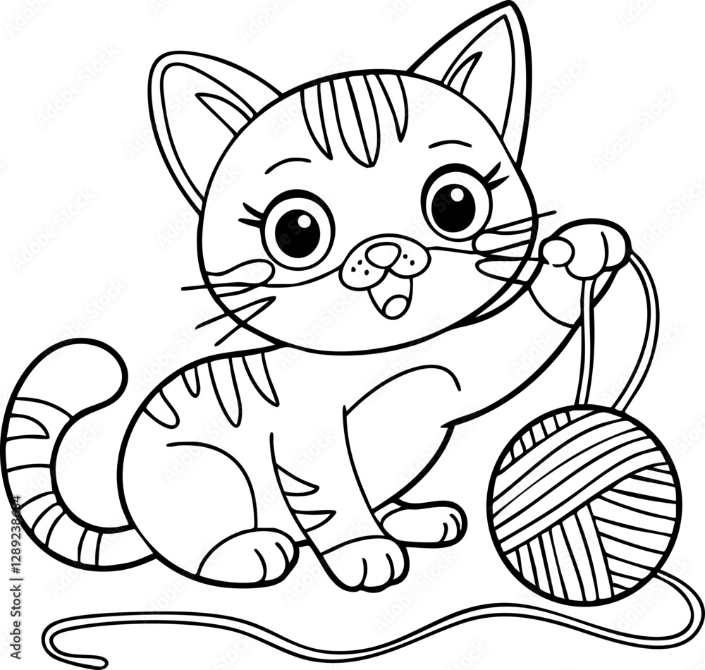 Obraz premium Vector illustration of a playful kitten with yarn, featuring cute expressions and outlines, ideal for children's coloring books.