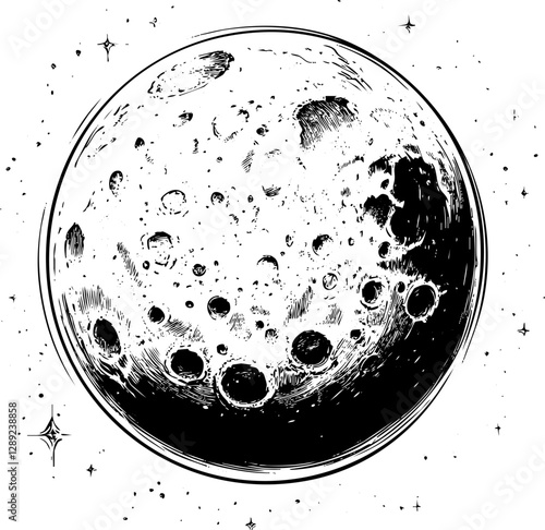 Black and White Vector Illustration of a Detailed Moon with Craters for Space Themes