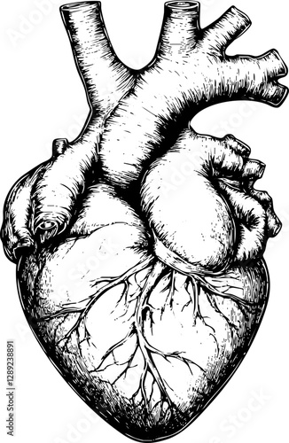 Detailed Vector Illustration of a Human Heart: Black and White Sketch Style, Ideal for Medical and Artistic Use