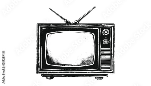 Vector retro television set, stencil illustration with grunge texture, distressed TV stamp, isolated on transparent background, vintage screen, old TV icon, antique electronics