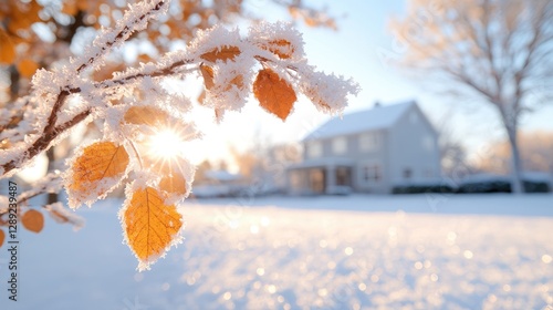 Frosty autumn leaves sunrise winter house