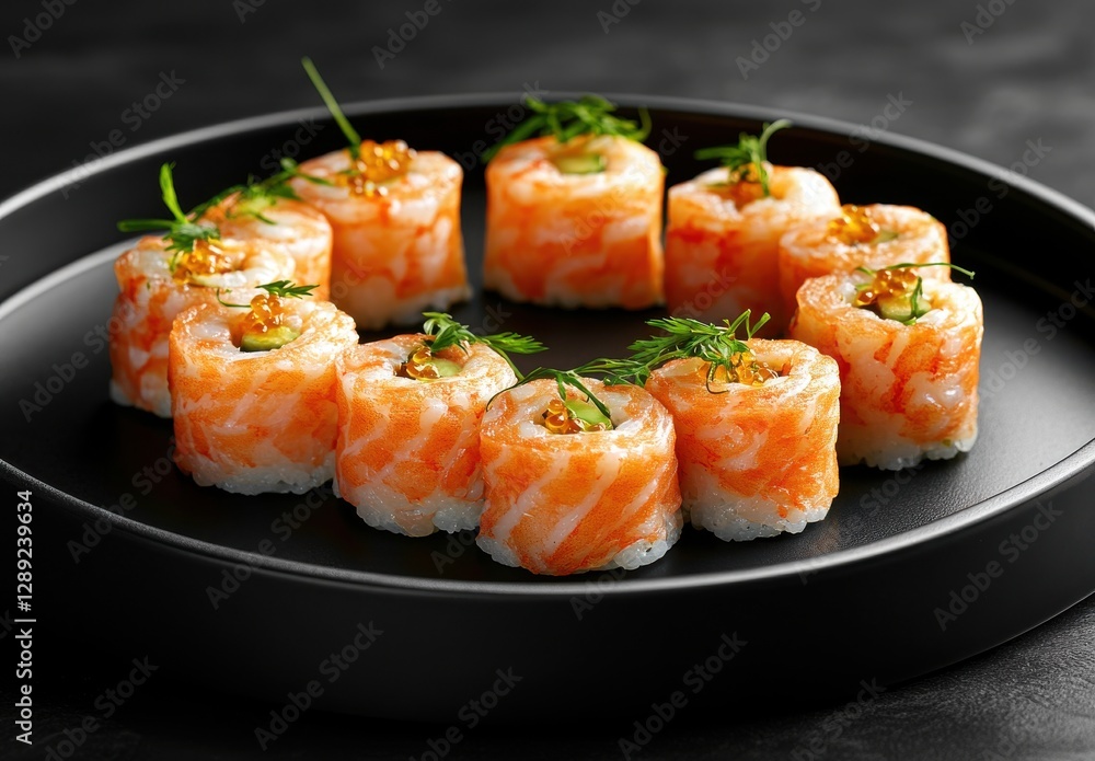 Freshly prepared salmon sushi rolls arranged artistically on a sleek black plate, showcasing vibrant colors and intricate details of Japanese cuisine artistry Freshly prepared salmon sushi rolls arranged artistically on a sleek black plate, showcasing vibrant colors and intricate details of Japanese cuisine artistry
