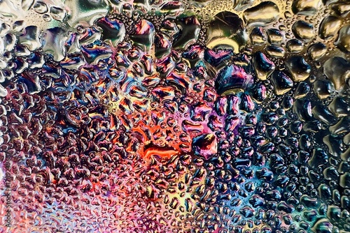 Close-up of water drops on metal surface in high resolution showing condensation of water droplets on metal surface. Intricate patterns and different sized water droplets create a beautiful abstract