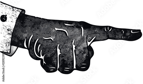Vintage pointing finger vector stamp with distressed texture, retro grunge emblem, old-fashioned hand gesture, antique graphic symbol, classic detailed hand illustration
