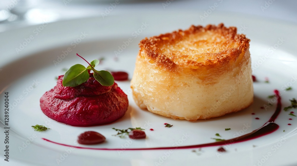 A contemporary interpretation of Yorkshire pudding with a crispy parmesan crust, plated alongside a beetroot purée for color contrast A contemporary interpretation of Yorkshire pudding with a crispy parmesan crust, plated alongside a beetroot purée for color contrast
