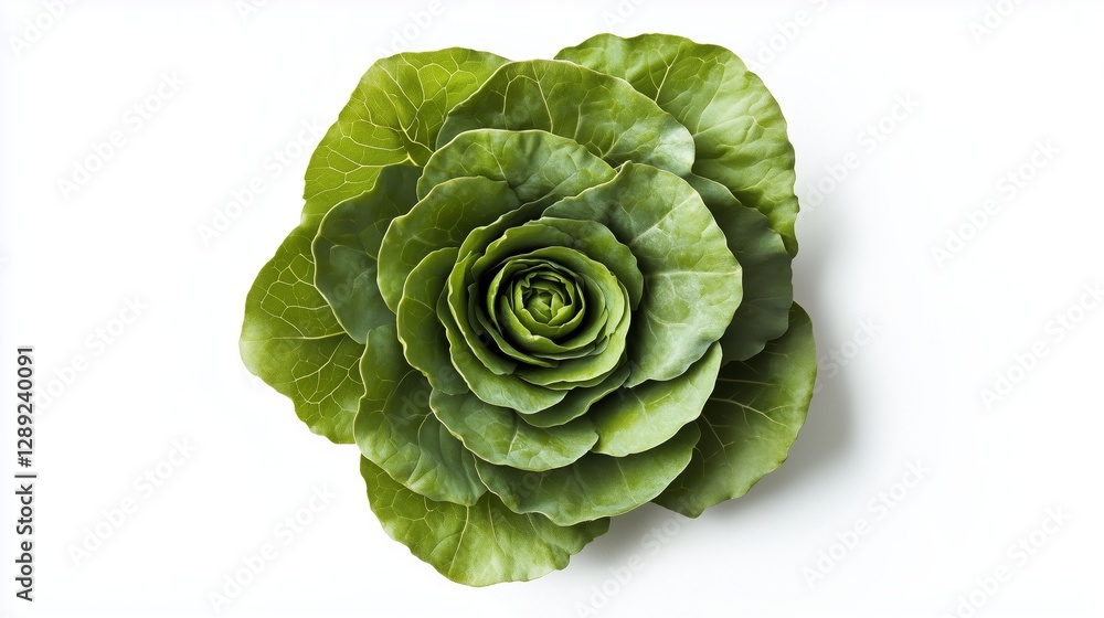 Fototapeta premium Fresh green lettuce arranged in a delicate rose shape against a white background, highlighting the beauty of natural textures and organic patterns in a minimalist composition