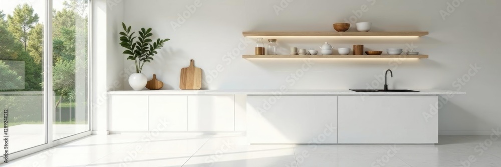 Bright, open white kitchen with natural light, floating shelves, sunlight, faucet Bright, open white kitchen with natural light, floating shelves, sunlight, faucet