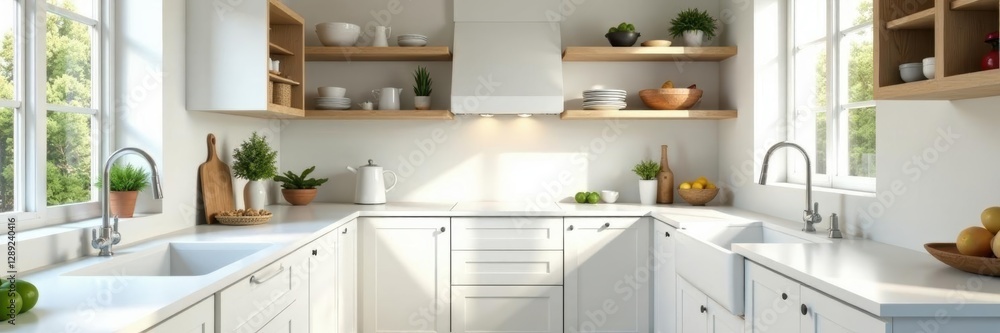 Fototapeta premium Bright white kitchen, open shelving, natural light, farmhouse sink, modern, details, handle