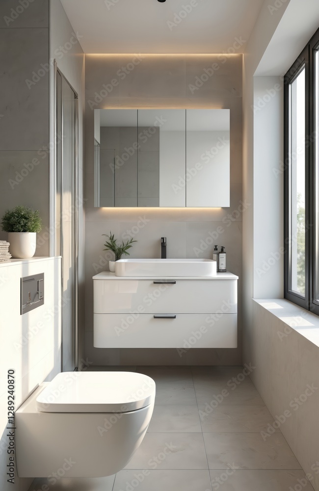 Fototapeta premium Small modern bathroom interior features white vanity, grey tiles. Shower behind glass wall. Mirror, sink, cabinet provide storage solutions, ensure organisation. Clean design, remodel, upgrade