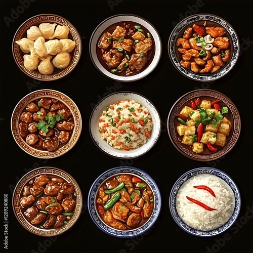 Asian Dishes Collection, Top View, Diverse Cuisine photo