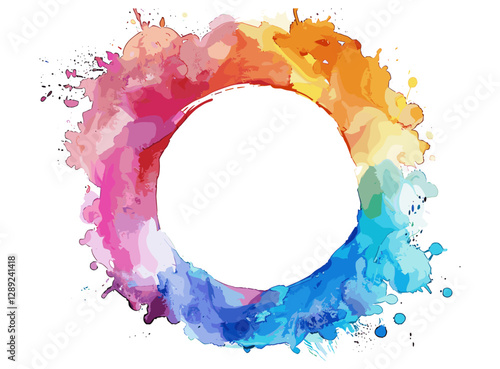 Watercolor splash vector, round circle, isolated on white or transparent PNG, paint blot, artistic stain, ink drop, abstract brushstroke, colorful splatter, hand-painted stroke