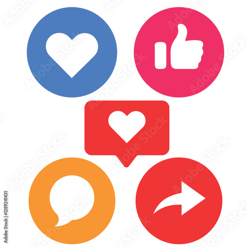 Like, comment, share icon buttons and Thumbs up and love heart flat icon in modern circle and speech bubble shapes , Social media notification icons. emoji post reactions set