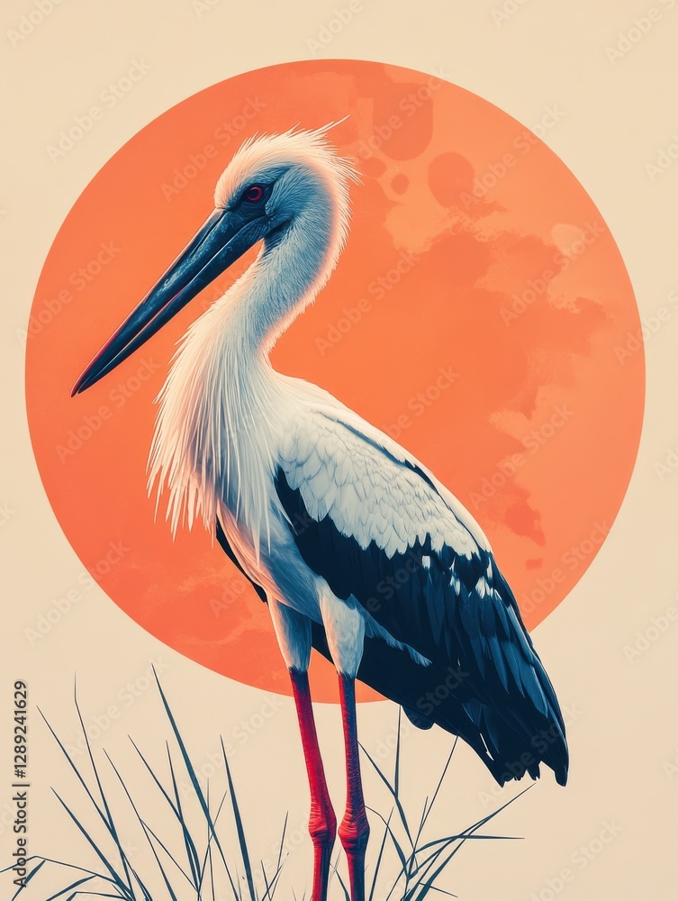 Stylized illustration of a stork against a vibrant orange sun, ideal for nature-themed designs and eco-friendly projects. Stylized illustration of a stork against a vibrant orange sun, ideal for nature-themed designs and eco-friendly projects.
