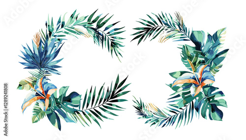 Tropical round frame vector in watercolor, isolated on white or transparent PNG, botanical wreath, floral border, exotic leaves, jungle foliage, palm, nature illustration