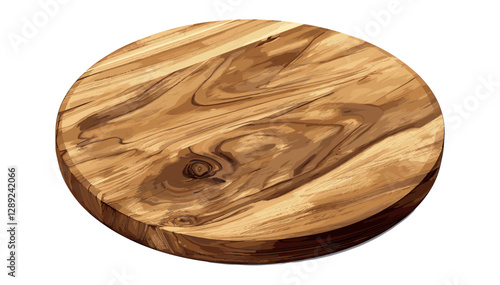 Wooden kitchen chopping board, round vector cutting board isolated on white or transparent PNG, rustic food prep board, natural wood kitchenware, butcher board