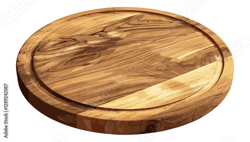 Vector wooden cutting board, round kitchen board isolated on white or transparent PNG, rustic food chopping board, natural wood grain, kitchen accessory