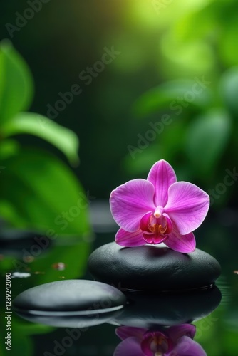 Wallpaper Mural Orchid and lush greenery atop smooth zen stones, oriental spa ambiance, oriental, relaxation, nature Torontodigital.ca