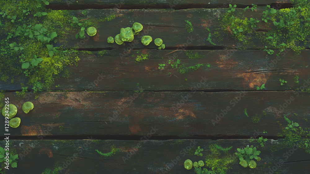 Fototapeta premium Nature's texture: wood with moss and small leaves for rustic design