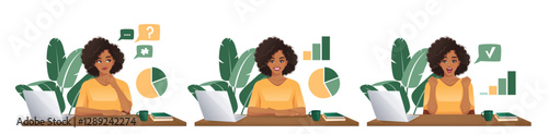 Business African American woman with afro hairstyle using laptop computer sitting at desk in different poses. Isolated vector illustration set
