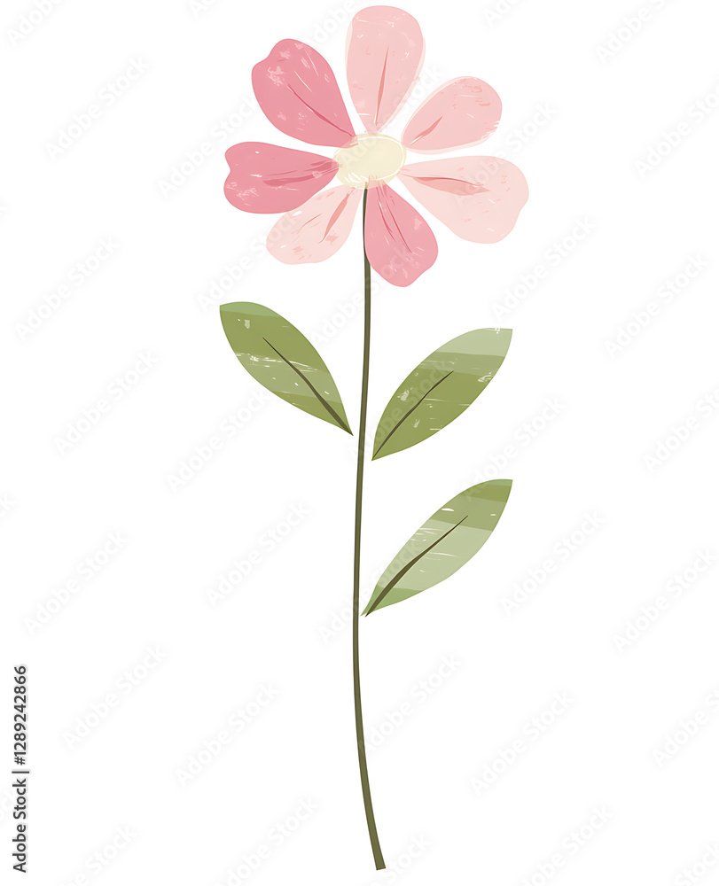 Fototapeta premium Cute Pink Flower Stem Green Leaves Isolated White Background Vector