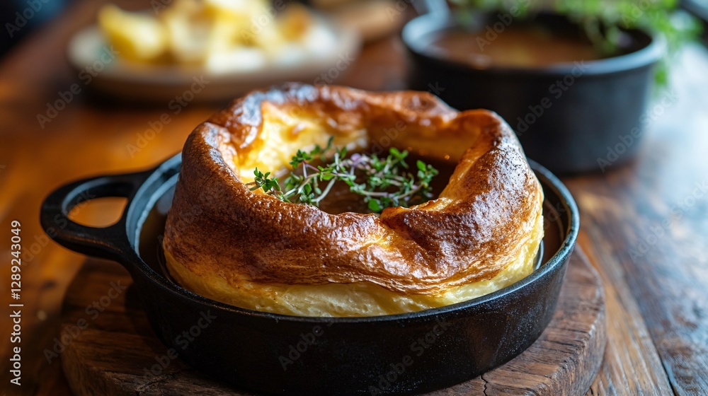 A rustic Yorkshire pudding served on a wooden farmhouse table, with a cast-iron skillet and a pot of homemade gravy in the background A rustic Yorkshire pudding served on a wooden farmhouse table, with a cast-iron skillet and a pot of homemade gravy in the background