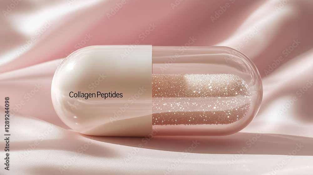 Obraz premium Collagen peptides supplement displayed on soft pink fabric highlighting its shine and elegant container design