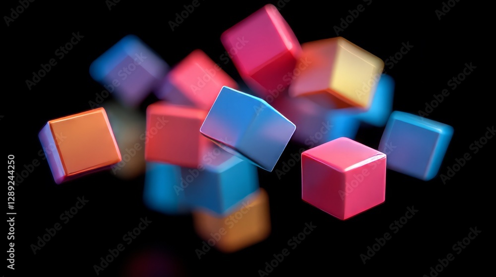 Abstract 3D blocks with soft light and shadow play, floating in space against a black background Abstract 3D blocks with soft light and shadow play, floating in space against a black background