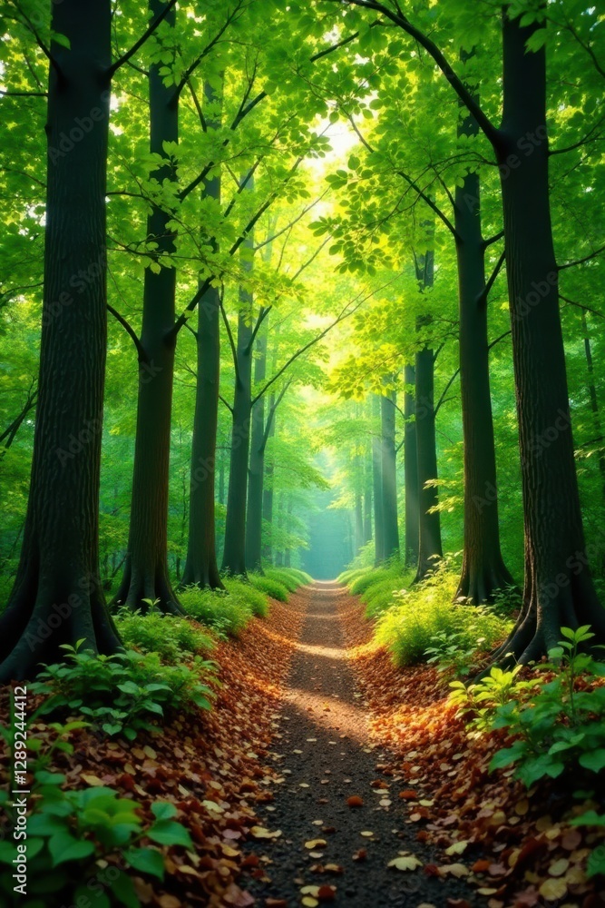 Naklejka premium Forest floor with fallen leaves and branches under a canopy of green trees, greenery, fallen leaves
