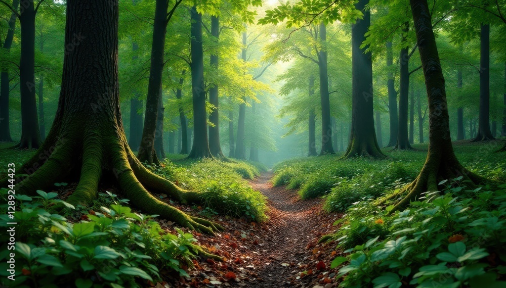 Fototapeta premium Forest floor with fallen trees and undergrowth, tree, forest canopy, overgrown landscape