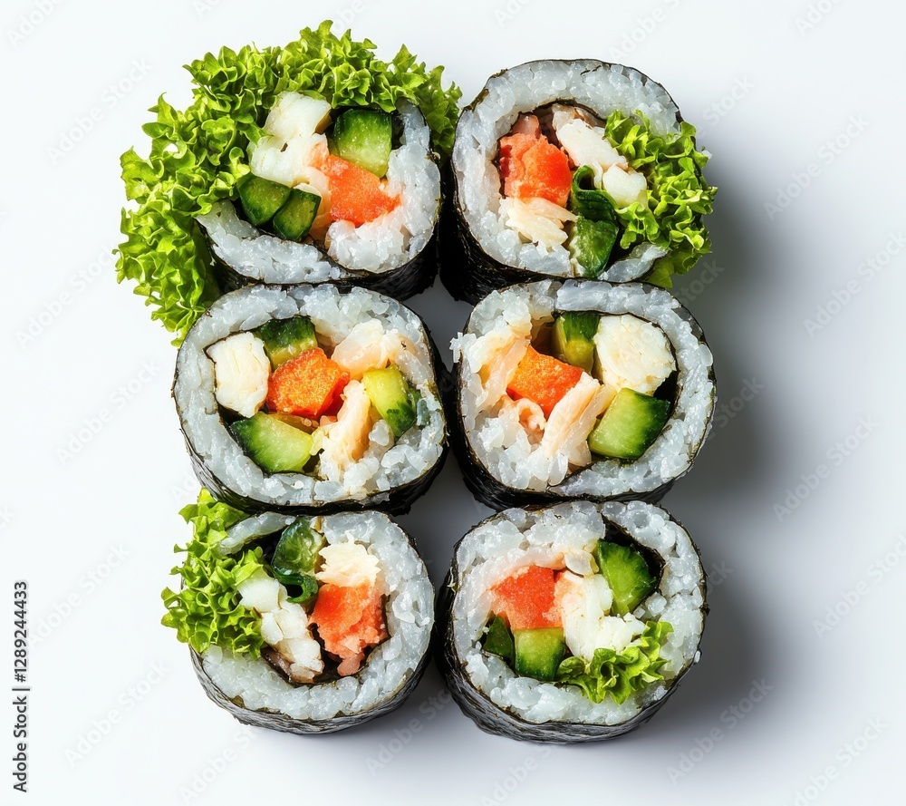 Freshly Prepared Sushi Rolls with Vegetables and Seaweed on a White Plate for Culinary and Healthy Food Inspiration Freshly Prepared Sushi Rolls with Vegetables and Seaweed on a White Plate for Culinary and Healthy Food Inspiration