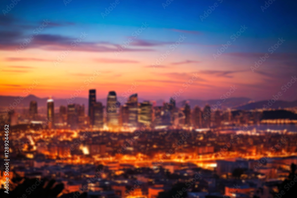 Fototapeta premium The lights of the night city. Blurred background. Lanterns on the street. big city lights in the twilight evening with blurring. Colorful circles of light abstract. circular bokeh on blue horizon.