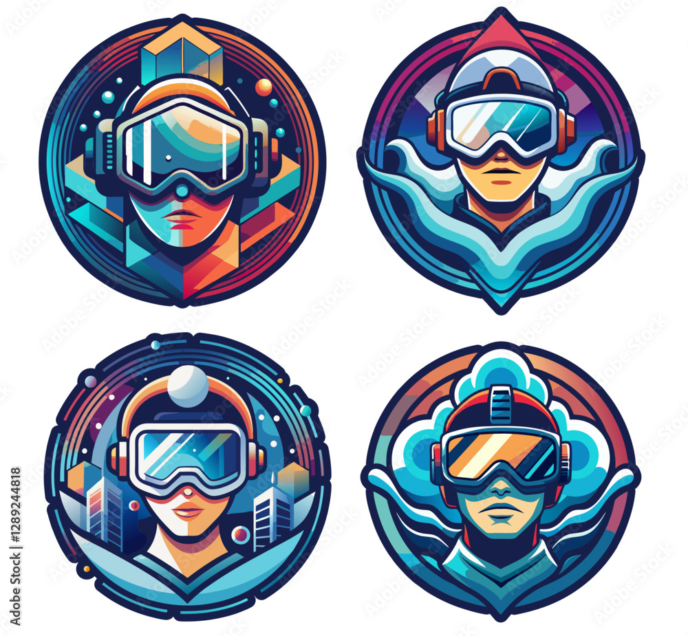 Obraz premium VR logo set or emblem collection with gamer wearing futuristic vr headset immersing in cyberspace filled with abstract geometric shapes and elements, embodying excitement of virtual reality gaming
