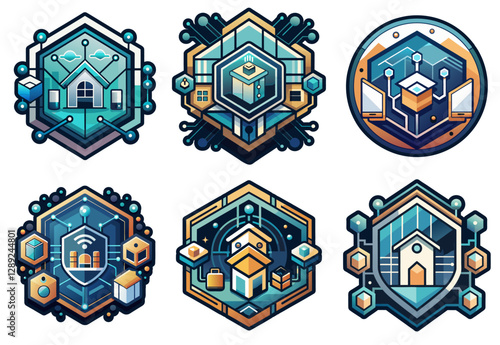 Smart home logo set showcasing connectivity and security. Embodying modern living with advanced technology integration within a hexagonal emblem for businesses in the smart home industry