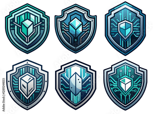 Metallic shield with electronic circuits protecting digital data, cyber security logo set, collection robust cyber security and data protection in modern technological landscape