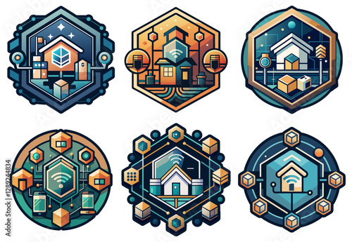 Smart home logo set showcasing connectivity and security. Embodying modern living with advanced technology integration within a hexagonal emblem for businesses in the smart home industry