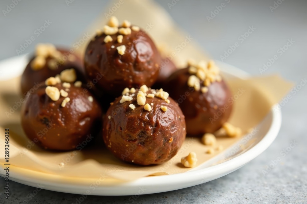 Close-up of several nutty chocolate energy balls on parchment paper , round, white chocolate, no added sugar Close-up of several nutty chocolate energy balls on parchment paper , round, white chocolate, no added sugar