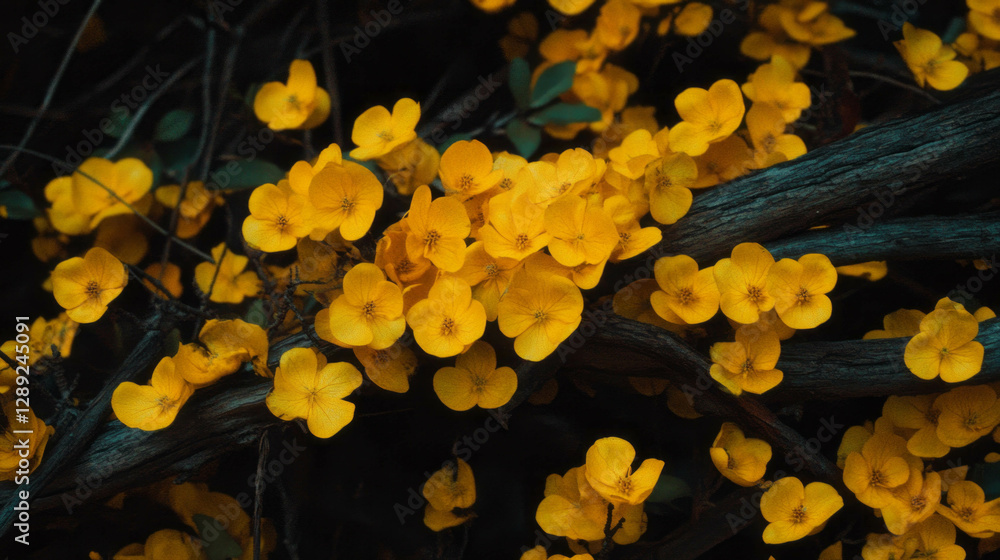 Fototapeta premium Vibrant yellow flowers clustered on rustic wood texture for nature art decor