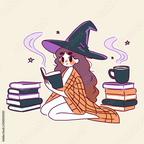 Soft and Dreamy Witch Enjoying a Warm Drink with Books - Fall Illustration