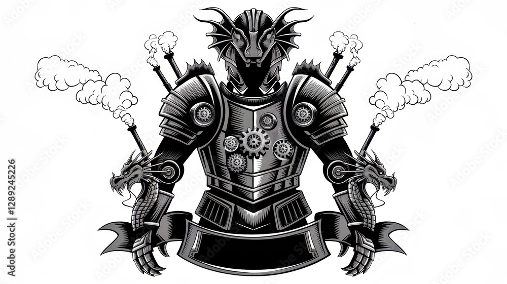 Obraz premium Steampunk warrior in intricate armor with dragon motifs and smoke