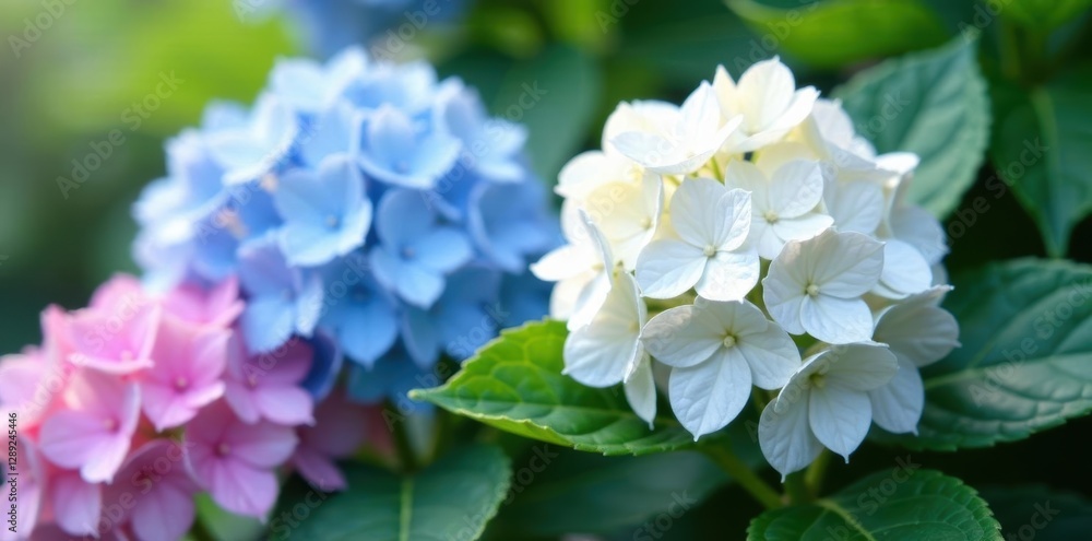 Delicate white, blue, and pink hydrangeas in full bloom , texture, summer, arrangement Delicate white, blue, and pink hydrangeas in full bloom , texture, summer, arrangement