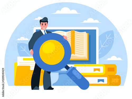 Literature Search. Businessman holding a huge magnifying glass. Digital Library concept. Online book application. E-Library. Digital bookstore. Web archive. Vector graphics