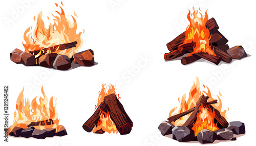 Campfire vector set, fire places, bonfire, flames, firewood, survival fire, burning wood, ember, outdoor fire, campsite fire, warmth, wilderness fire, glowing flame