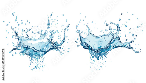 Water splashing vector set, blue aqua drops, realistic fluid motion, natural water elements, transparent splash, pure liquid design, dynamic wave effect, fresh clean water