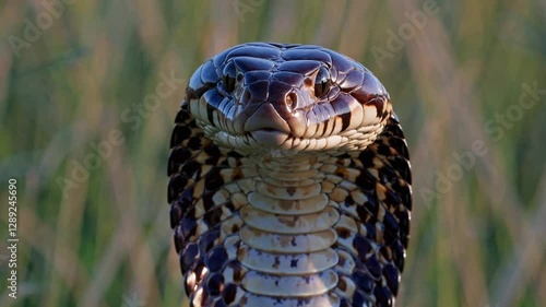 Slow Motion Cobra Standing Still in a Field – Majestic Hooded Snake in Alert Position, Serpentine Predator in Wild Grassland, Intense Gaze and Poised Stance, Mysterious Reptile, Tranquil Natural