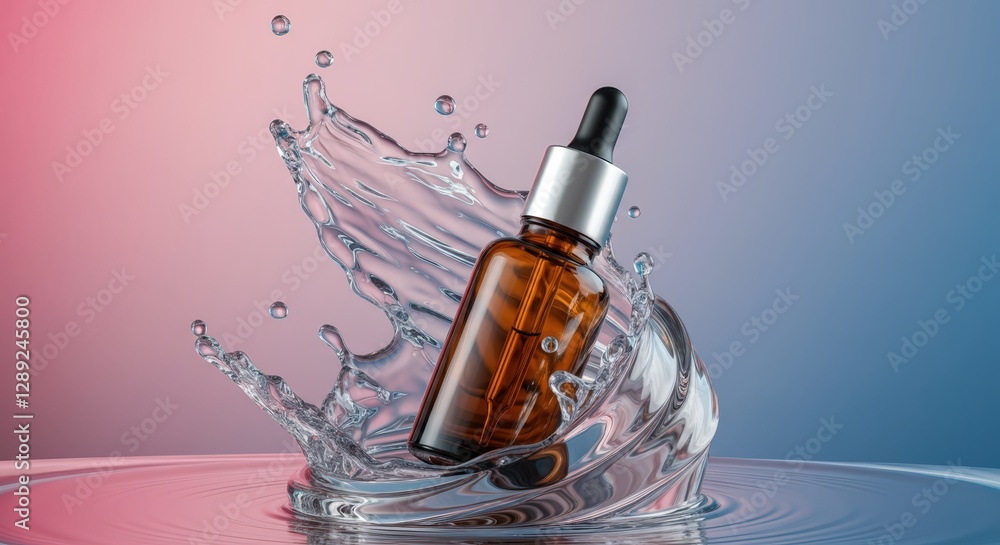 Naklejka premium Brown glass dropper bottle splashing in water with colorful background